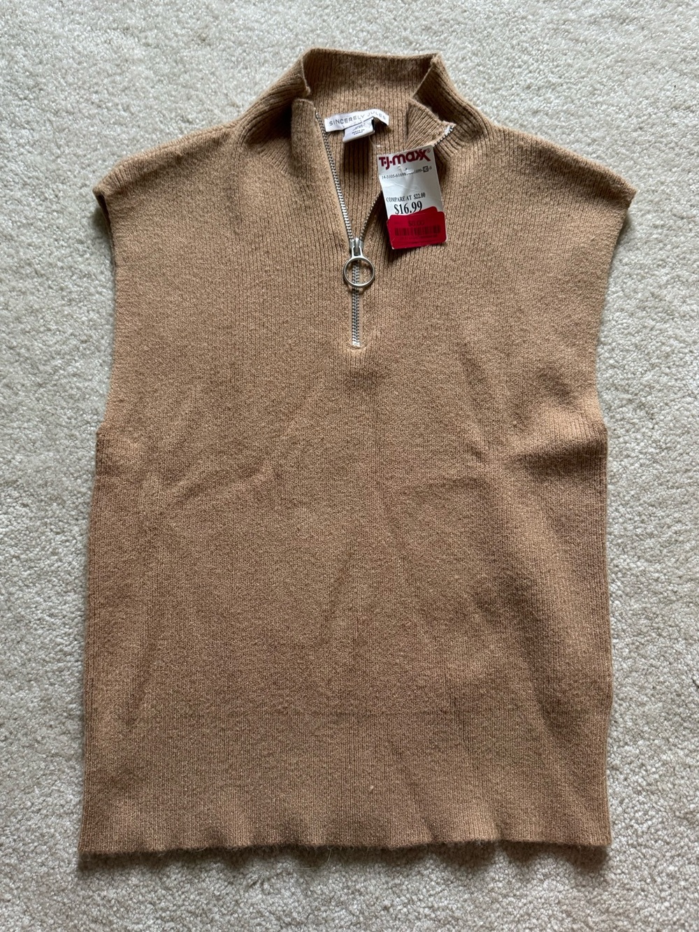 Sincerely Jules Women’s Sleeveless Zip-Up Sweater Vest - Camel Brown